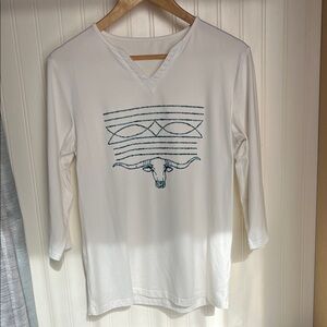 White Long Sleeve V-Neck Shirt with Teal Longhorn Screenprint